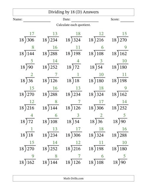 The Division Facts by a Fixed Divisor (18) and Quotients from 1 to 18 with Long Division Symbol/Bracket (50 questions) (D) Math Worksheet Page 2