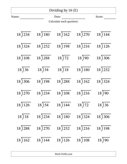 The Division Facts by a Fixed Divisor (18) and Quotients from 1 to 18 with Long Division Symbol/Bracket (50 questions) (E) Math Worksheet