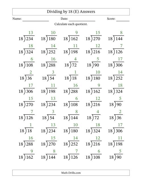 The Division Facts by a Fixed Divisor (18) and Quotients from 1 to 18 with Long Division Symbol/Bracket (50 questions) (E) Math Worksheet Page 2