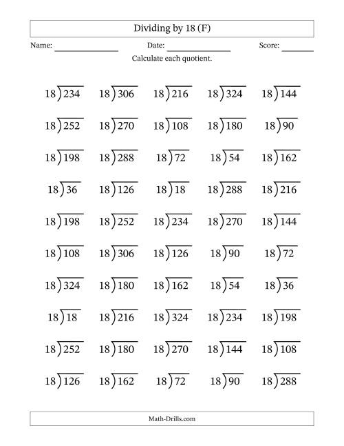 The Division Facts by a Fixed Divisor (18) and Quotients from 1 to 18 with Long Division Symbol/Bracket (50 questions) (F) Math Worksheet