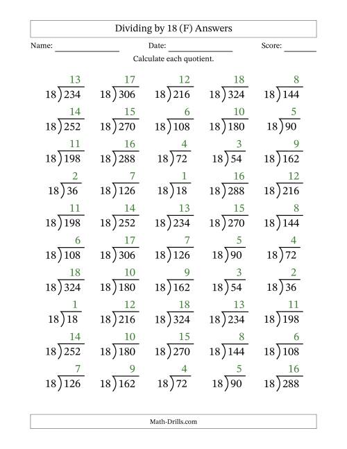 The Division Facts by a Fixed Divisor (18) and Quotients from 1 to 18 with Long Division Symbol/Bracket (50 questions) (F) Math Worksheet Page 2