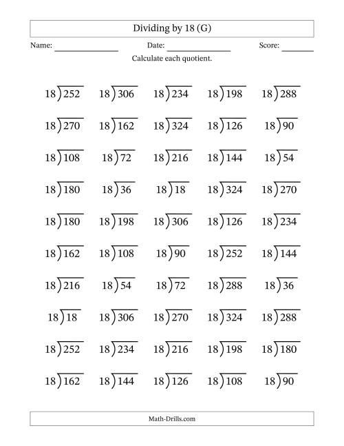 The Division Facts by a Fixed Divisor (18) and Quotients from 1 to 18 with Long Division Symbol/Bracket (50 questions) (G) Math Worksheet