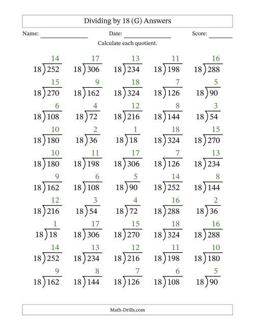 The Division Facts by a Fixed Divisor (18) and Quotients from 1 to 18 with Long Division Symbol/Bracket (50 questions) (G) Math Worksheet Page 2