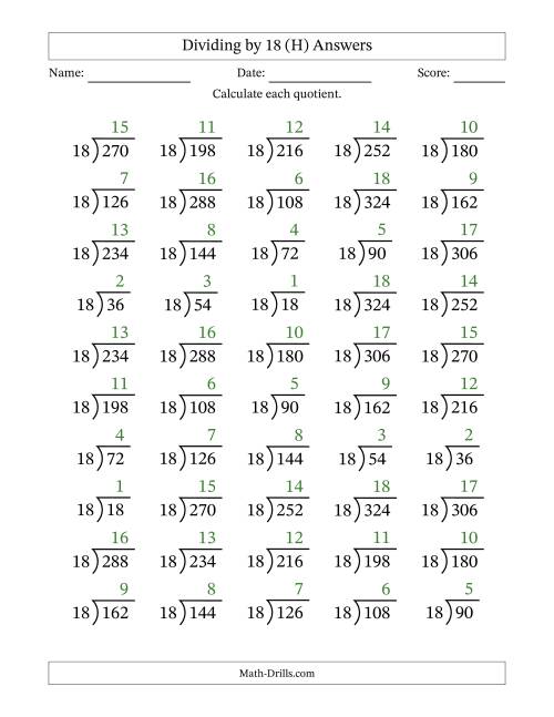 The Division Facts by a Fixed Divisor (18) and Quotients from 1 to 18 with Long Division Symbol/Bracket (50 questions) (H) Math Worksheet Page 2