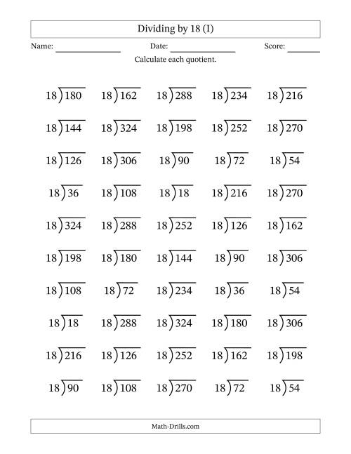 The Division Facts by a Fixed Divisor (18) and Quotients from 1 to 18 with Long Division Symbol/Bracket (50 questions) (I) Math Worksheet