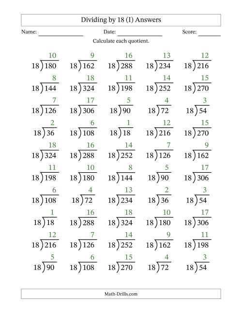 The Division Facts by a Fixed Divisor (18) and Quotients from 1 to 18 with Long Division Symbol/Bracket (50 questions) (I) Math Worksheet Page 2