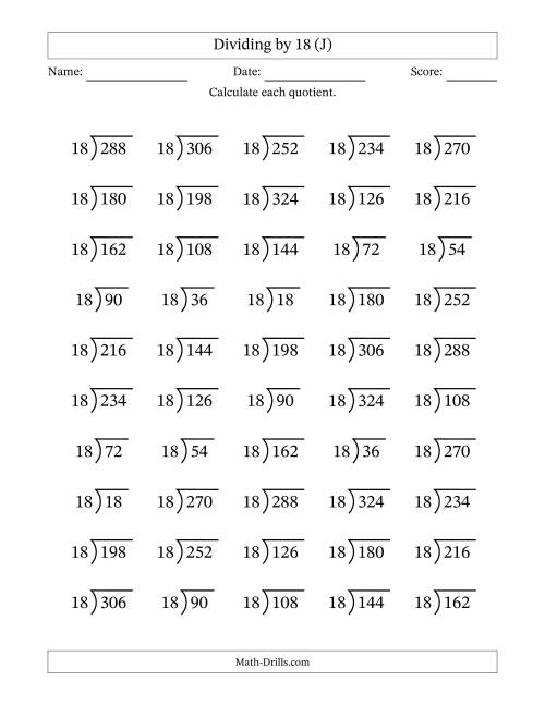 The Division Facts by a Fixed Divisor (18) and Quotients from 1 to 18 with Long Division Symbol/Bracket (50 questions) (J) Math Worksheet