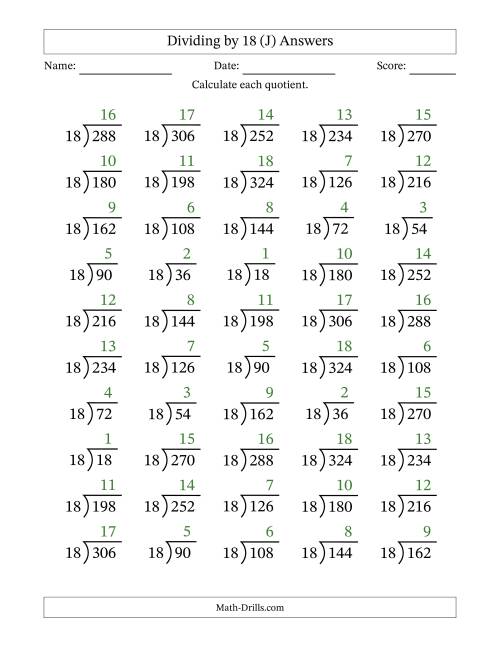 The Division Facts by a Fixed Divisor (18) and Quotients from 1 to 18 with Long Division Symbol/Bracket (50 questions) (J) Math Worksheet Page 2