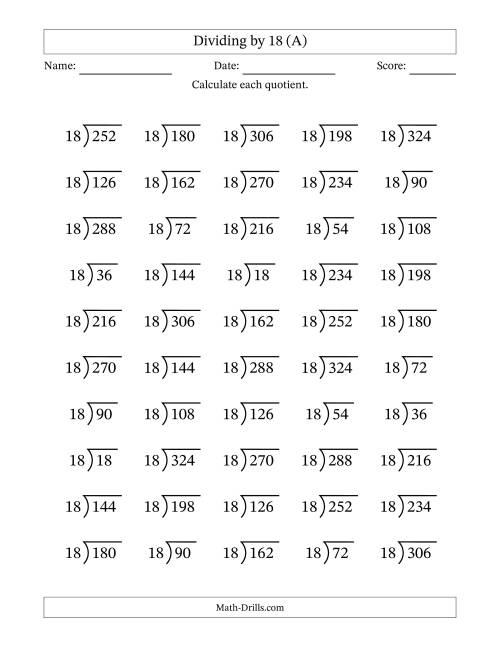 The Division Facts by a Fixed Divisor (18) and Quotients from 1 to 18 with Long Division Symbol/Bracket (50 questions) (All) Math Worksheet
