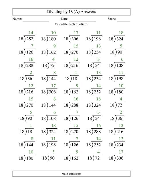 The Division Facts by a Fixed Divisor (18) and Quotients from 1 to 18 with Long Division Symbol/Bracket (50 questions) (All) Math Worksheet Page 2