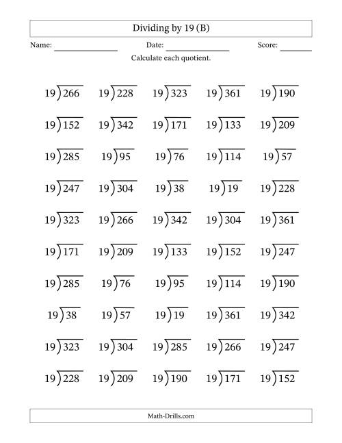 The Division Facts by a Fixed Divisor (19) and Quotients from 1 to 19 with Long Division Symbol/Bracket (50 questions) (B) Math Worksheet
