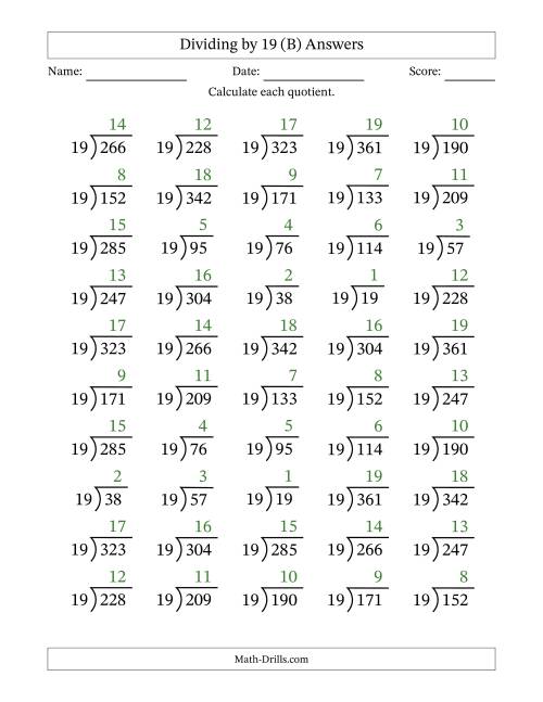 The Division Facts by a Fixed Divisor (19) and Quotients from 1 to 19 with Long Division Symbol/Bracket (50 questions) (B) Math Worksheet Page 2