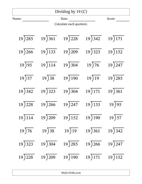 The Division Facts by a Fixed Divisor (19) and Quotients from 1 to 19 with Long Division Symbol/Bracket (50 questions) (C) Math Worksheet
