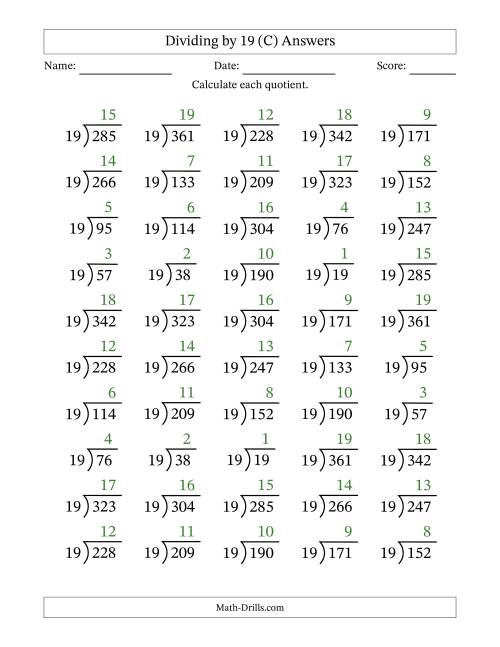 The Division Facts by a Fixed Divisor (19) and Quotients from 1 to 19 with Long Division Symbol/Bracket (50 questions) (C) Math Worksheet Page 2