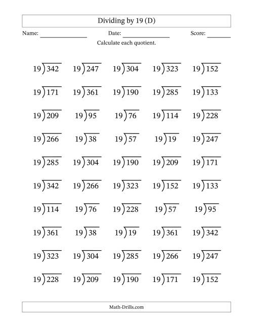 The Division Facts by a Fixed Divisor (19) and Quotients from 1 to 19 with Long Division Symbol/Bracket (50 questions) (D) Math Worksheet