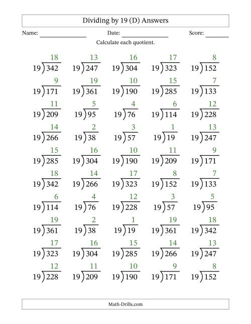 The Division Facts by a Fixed Divisor (19) and Quotients from 1 to 19 with Long Division Symbol/Bracket (50 questions) (D) Math Worksheet Page 2