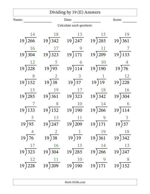 The Division Facts by a Fixed Divisor (19) and Quotients from 1 to 19 with Long Division Symbol/Bracket (50 questions) (E) Math Worksheet Page 2