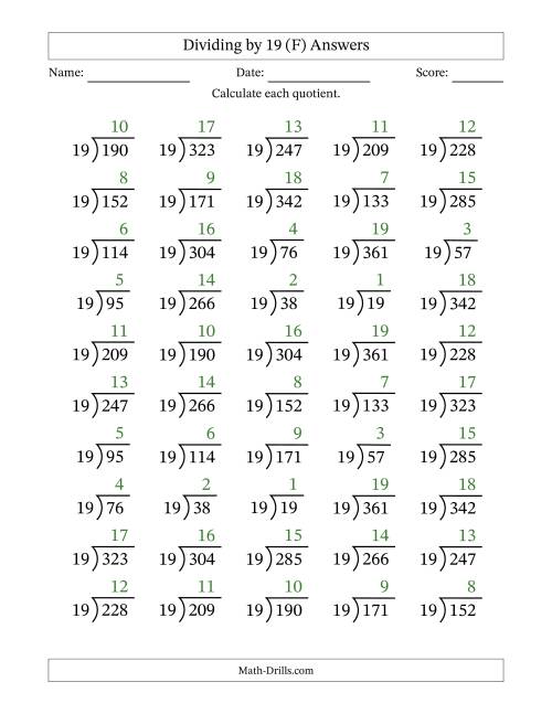 The Division Facts by a Fixed Divisor (19) and Quotients from 1 to 19 with Long Division Symbol/Bracket (50 questions) (F) Math Worksheet Page 2