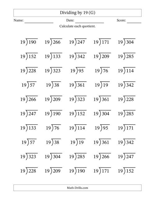 The Division Facts by a Fixed Divisor (19) and Quotients from 1 to 19 with Long Division Symbol/Bracket (50 questions) (G) Math Worksheet
