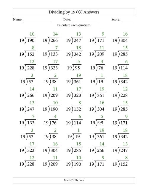 The Division Facts by a Fixed Divisor (19) and Quotients from 1 to 19 with Long Division Symbol/Bracket (50 questions) (G) Math Worksheet Page 2