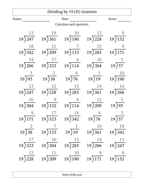 The Division Facts by a Fixed Divisor (19) and Quotients from 1 to 19 with Long Division Symbol/Bracket (50 questions) (H) Math Worksheet Page 2