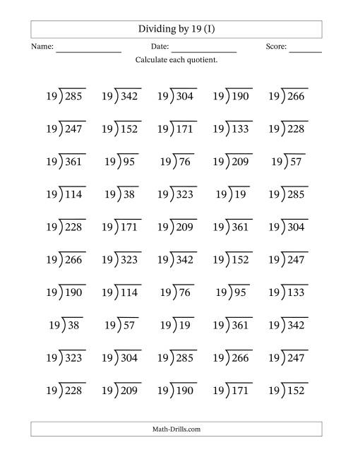 The Division Facts by a Fixed Divisor (19) and Quotients from 1 to 19 with Long Division Symbol/Bracket (50 questions) (I) Math Worksheet