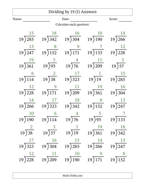 The Division Facts by a Fixed Divisor (19) and Quotients from 1 to 19 with Long Division Symbol/Bracket (50 questions) (I) Math Worksheet Page 2