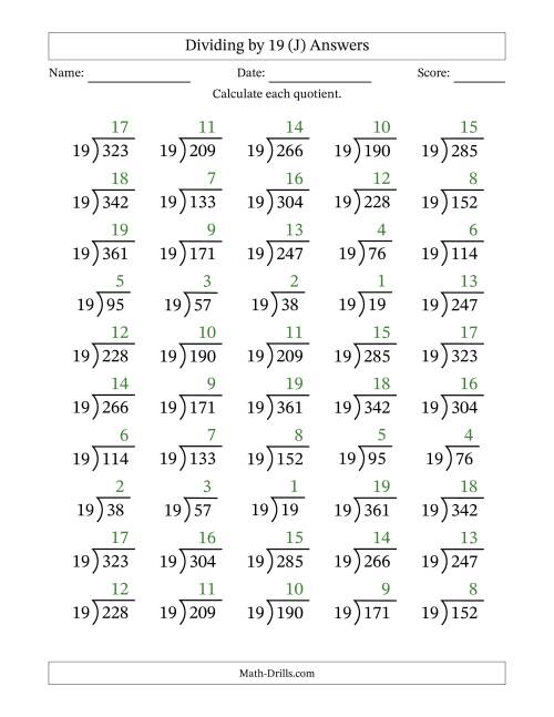 The Division Facts by a Fixed Divisor (19) and Quotients from 1 to 19 with Long Division Symbol/Bracket (50 questions) (J) Math Worksheet Page 2
