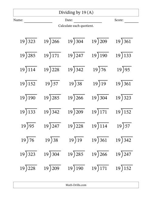 The Division Facts by a Fixed Divisor (19) and Quotients from 1 to 19 with Long Division Symbol/Bracket (50 questions) (All) Math Worksheet