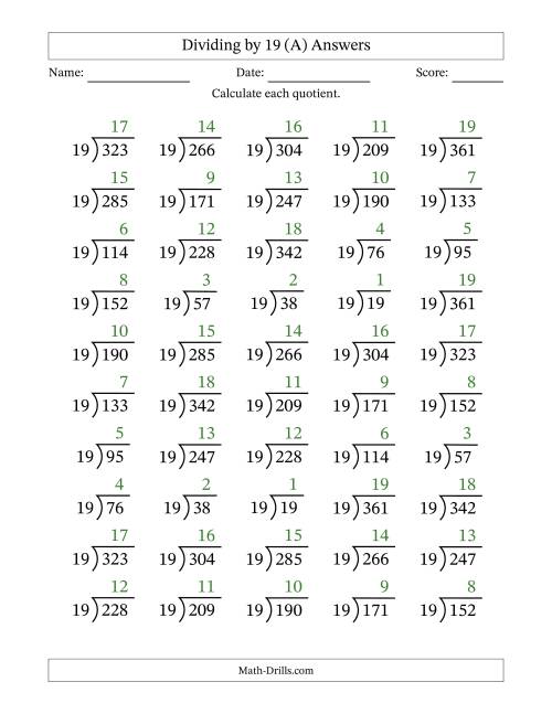 The Division Facts by a Fixed Divisor (19) and Quotients from 1 to 19 with Long Division Symbol/Bracket (50 questions) (All) Math Worksheet Page 2