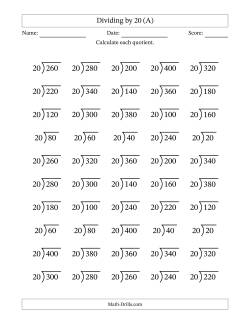 Division Facts by a Fixed Divisor (20) and Quotients from 1 to 20 with Long Division Symbol/Bracket (50 questions)