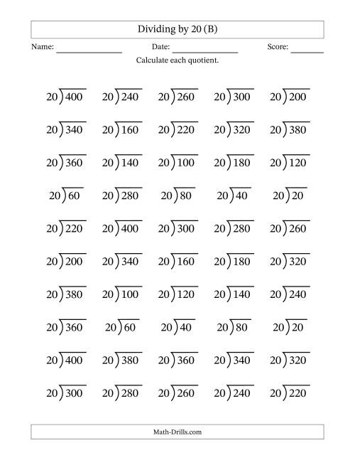 The Division Facts by a Fixed Divisor (20) and Quotients from 1 to 20 with Long Division Symbol/Bracket (50 questions) (B) Math Worksheet