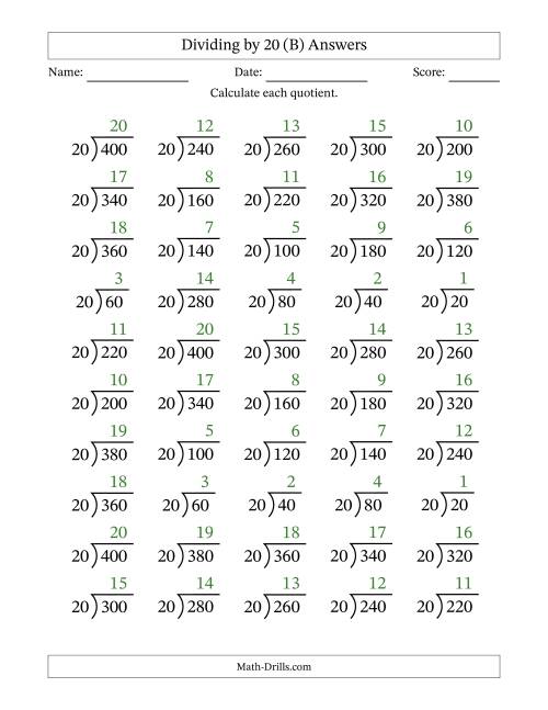 The Division Facts by a Fixed Divisor (20) and Quotients from 1 to 20 with Long Division Symbol/Bracket (50 questions) (B) Math Worksheet Page 2