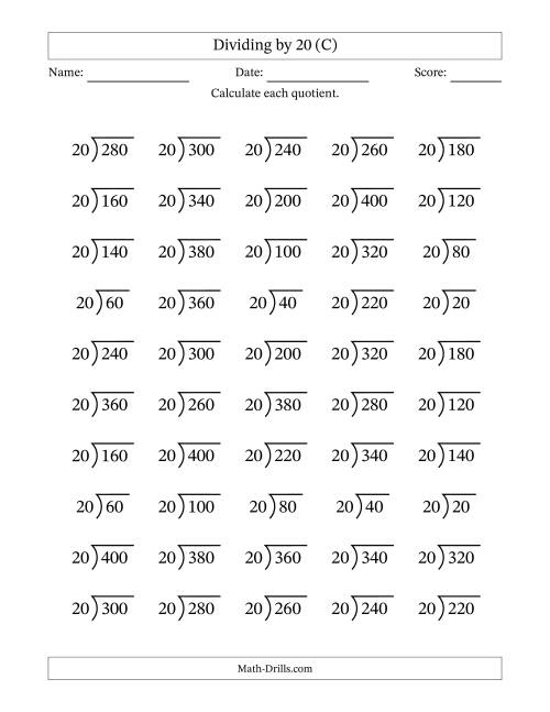 The Division Facts by a Fixed Divisor (20) and Quotients from 1 to 20 with Long Division Symbol/Bracket (50 questions) (C) Math Worksheet