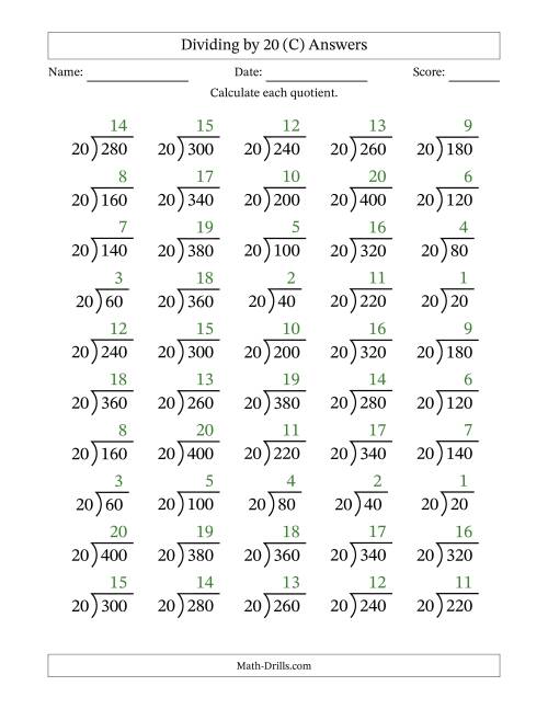 The Division Facts by a Fixed Divisor (20) and Quotients from 1 to 20 with Long Division Symbol/Bracket (50 questions) (C) Math Worksheet Page 2