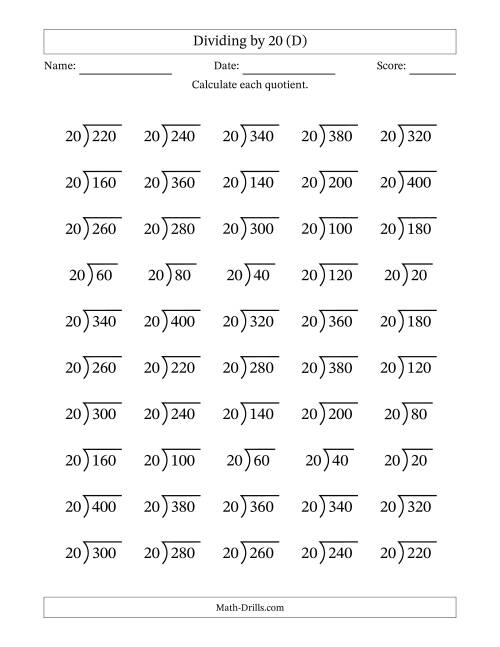 The Division Facts by a Fixed Divisor (20) and Quotients from 1 to 20 with Long Division Symbol/Bracket (50 questions) (D) Math Worksheet