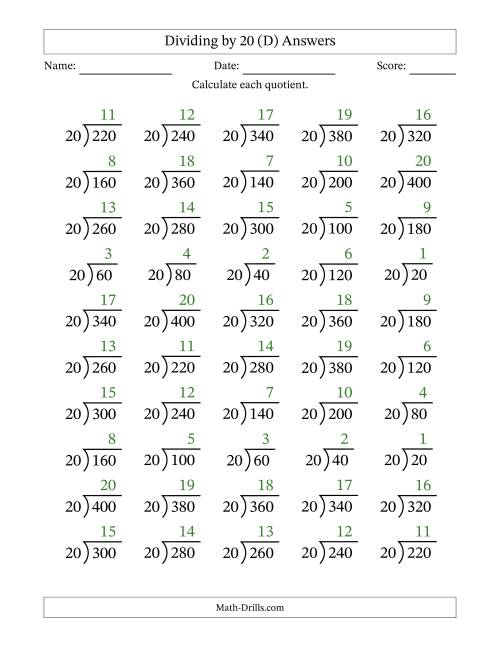 The Division Facts by a Fixed Divisor (20) and Quotients from 1 to 20 with Long Division Symbol/Bracket (50 questions) (D) Math Worksheet Page 2