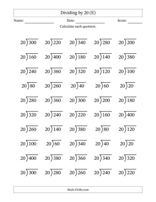 The Division Facts by a Fixed Divisor (20) and Quotients from 1 to 20 with Long Division Symbol/Bracket (50 questions) (E) Math Worksheet