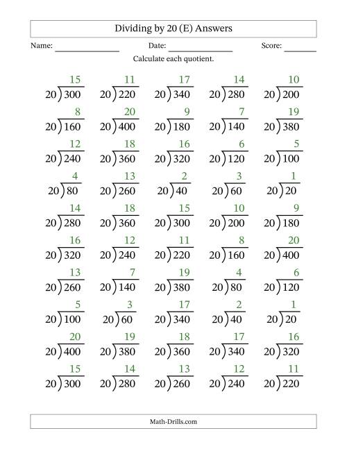 The Division Facts by a Fixed Divisor (20) and Quotients from 1 to 20 with Long Division Symbol/Bracket (50 questions) (E) Math Worksheet Page 2