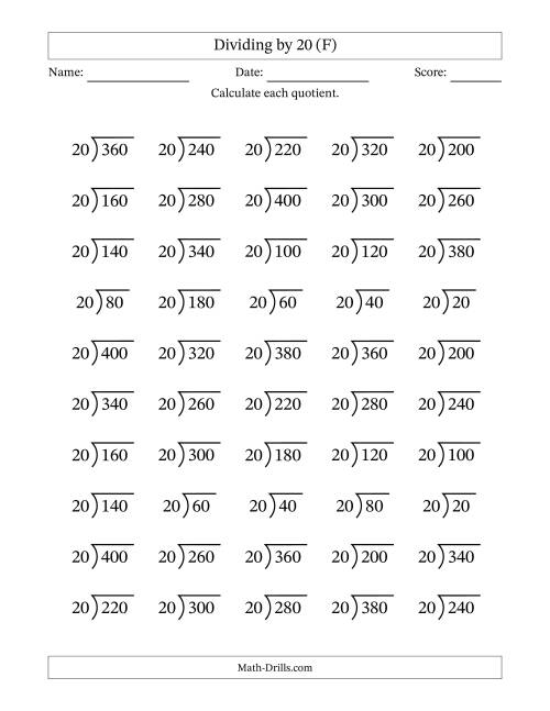 The Division Facts by a Fixed Divisor (20) and Quotients from 1 to 20 with Long Division Symbol/Bracket (50 questions) (F) Math Worksheet
