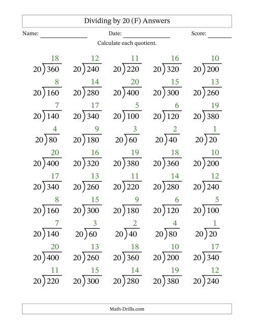 The Division Facts by a Fixed Divisor (20) and Quotients from 1 to 20 with Long Division Symbol/Bracket (50 questions) (F) Math Worksheet Page 2
