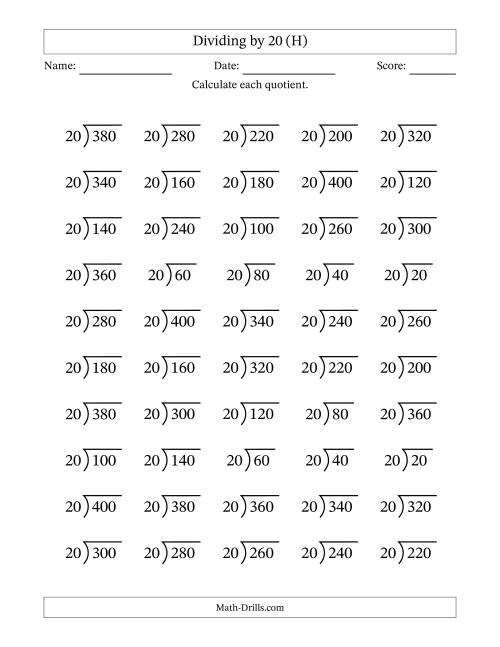 The Division Facts by a Fixed Divisor (20) and Quotients from 1 to 20 with Long Division Symbol/Bracket (50 questions) (H) Math Worksheet
