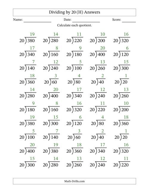 The Division Facts by a Fixed Divisor (20) and Quotients from 1 to 20 with Long Division Symbol/Bracket (50 questions) (H) Math Worksheet Page 2