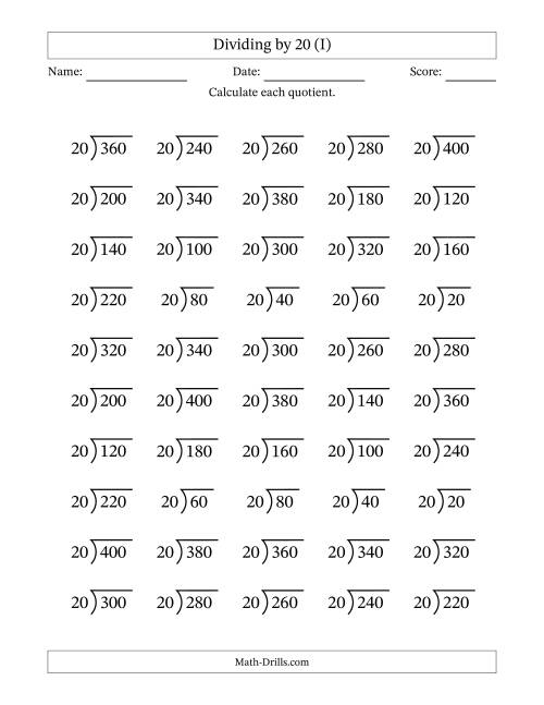 The Division Facts by a Fixed Divisor (20) and Quotients from 1 to 20 with Long Division Symbol/Bracket (50 questions) (I) Math Worksheet