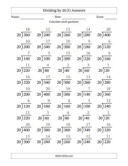The Division Facts by a Fixed Divisor (20) and Quotients from 1 to 20 with Long Division Symbol/Bracket (50 questions) (I) Math Worksheet Page 2