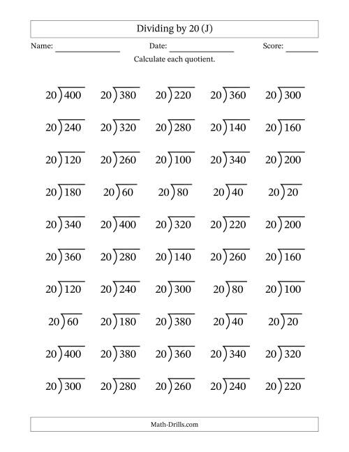The Division Facts by a Fixed Divisor (20) and Quotients from 1 to 20 with Long Division Symbol/Bracket (50 questions) (J) Math Worksheet