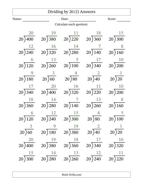 The Division Facts by a Fixed Divisor (20) and Quotients from 1 to 20 with Long Division Symbol/Bracket (50 questions) (J) Math Worksheet Page 2