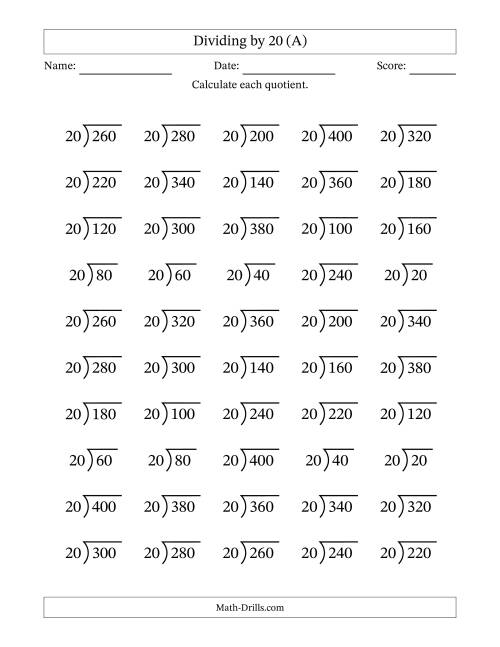 The Division Facts by a Fixed Divisor (20) and Quotients from 1 to 20 with Long Division Symbol/Bracket (50 questions) (All) Math Worksheet