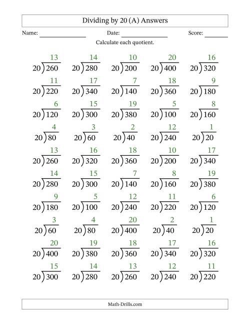 The Division Facts by a Fixed Divisor (20) and Quotients from 1 to 20 with Long Division Symbol/Bracket (50 questions) (All) Math Worksheet Page 2