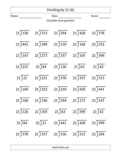 The Division Facts by a Fixed Divisor (21) and Quotients from 1 to 21 with Long Division Symbol/Bracket (50 questions) (B) Math Worksheet